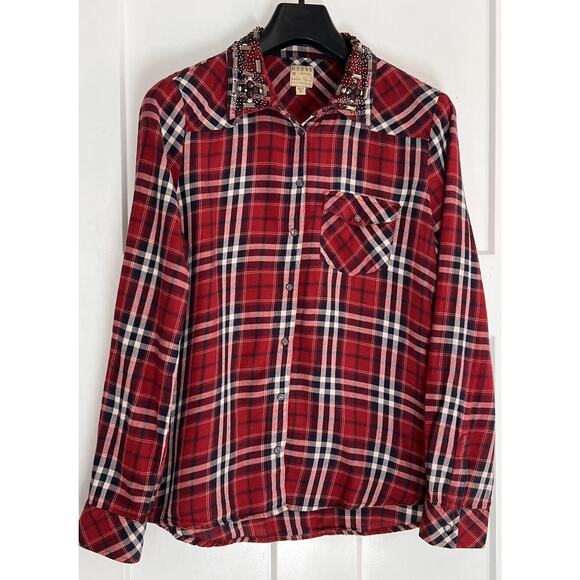 Guess Womens‎ Sz Med Snap Front Red Plaid Long Sleeve Shirt Embellished Collar - Picture 1 of 9